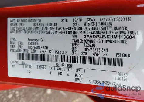 2018 Ford Fiesta Se из США, поврежденный, VIN 3FADP4EJ2JM113684